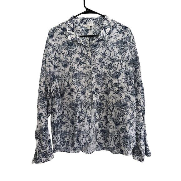 Garnet Hill White Blue Salt Sea Floral Print Linen Button Down Shirt Size 18 - Picture 4 of 9